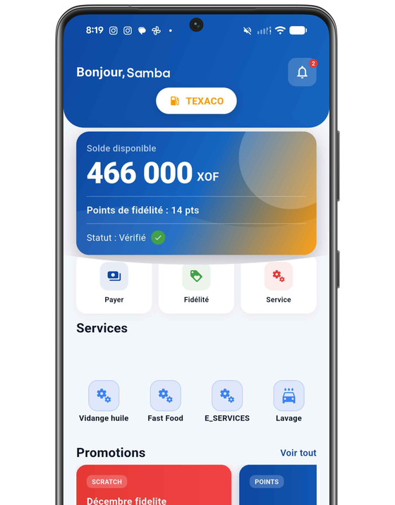 Écran d'accueil de l'application CardOil affichant le solde disponible et les points de fidélité